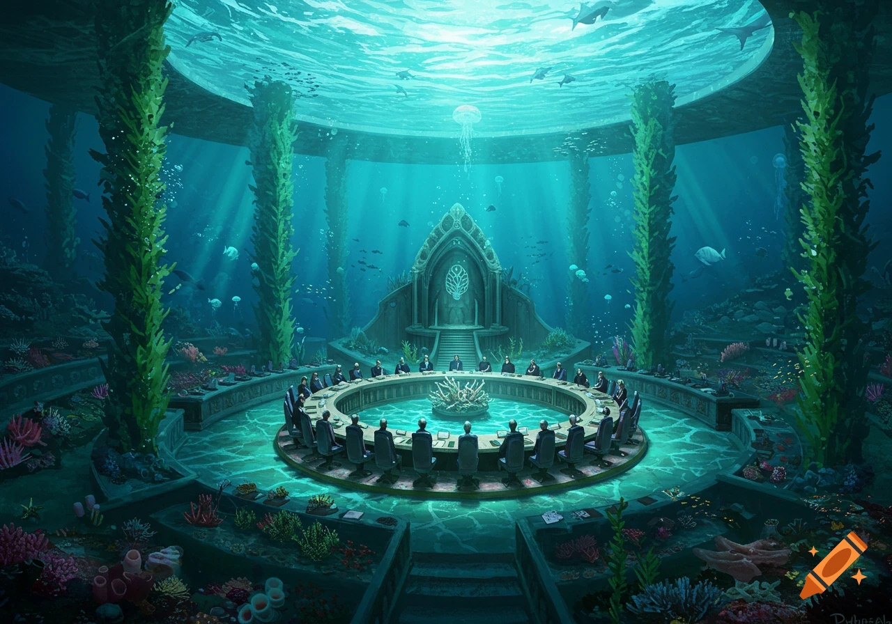 An epic underwater parliament meeting chamber with a large round table, surrounded by marine life and glowing coral, bathed in sun rays.