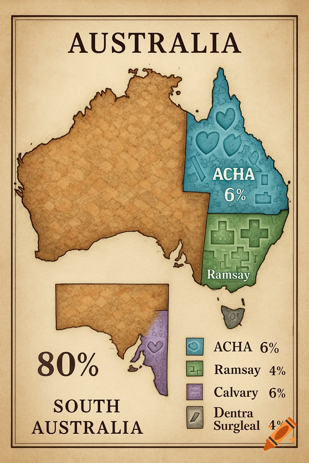 A vintage-style map of Australia showing South Australia divided into segments with percentages for different companies, and a legend.