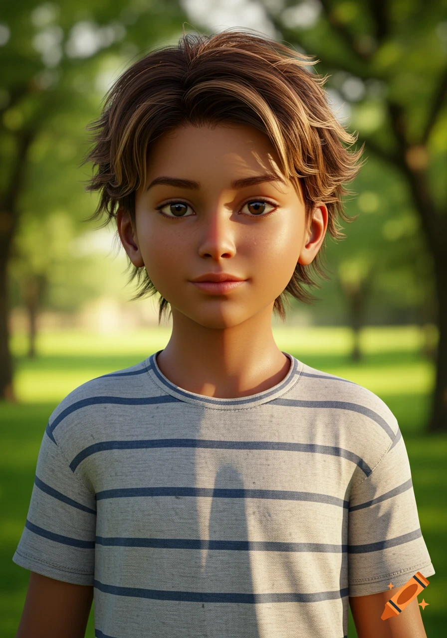 A stylized portrait of a young boy with light brown skin, dark brown eyes, and brown hair with blond highlights, wearing a striped t-shirt, standing in a park.