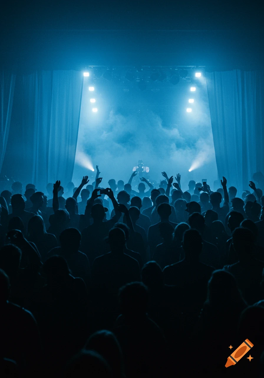A silhouetted crowd with raised hands watches a brightly lit stage bathed in blue light and smoke at a concert.