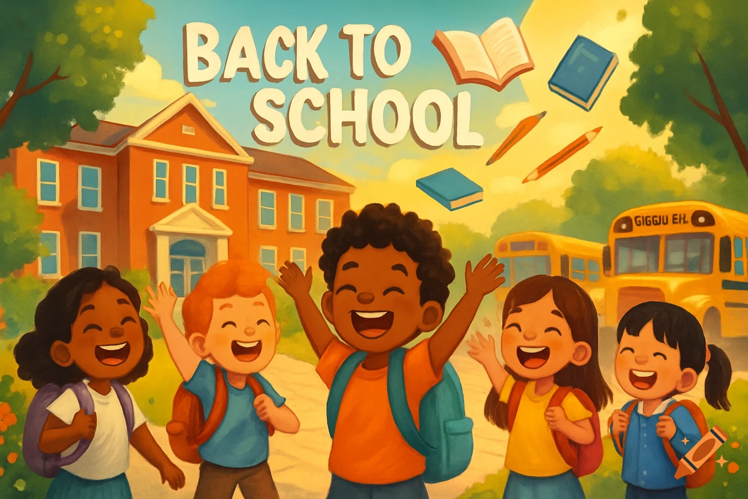 A vibrant cartoon illustration shows diverse, happy children with backpacks in front of a school and buses, with "BACK TO SCHOOL" text above.