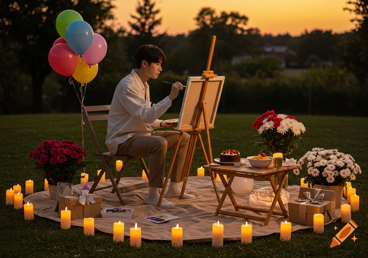 A young man paints on a canvas outdoors at sunset, surrounded by a circle of candles, balloons, flowers, cake, and gifts.