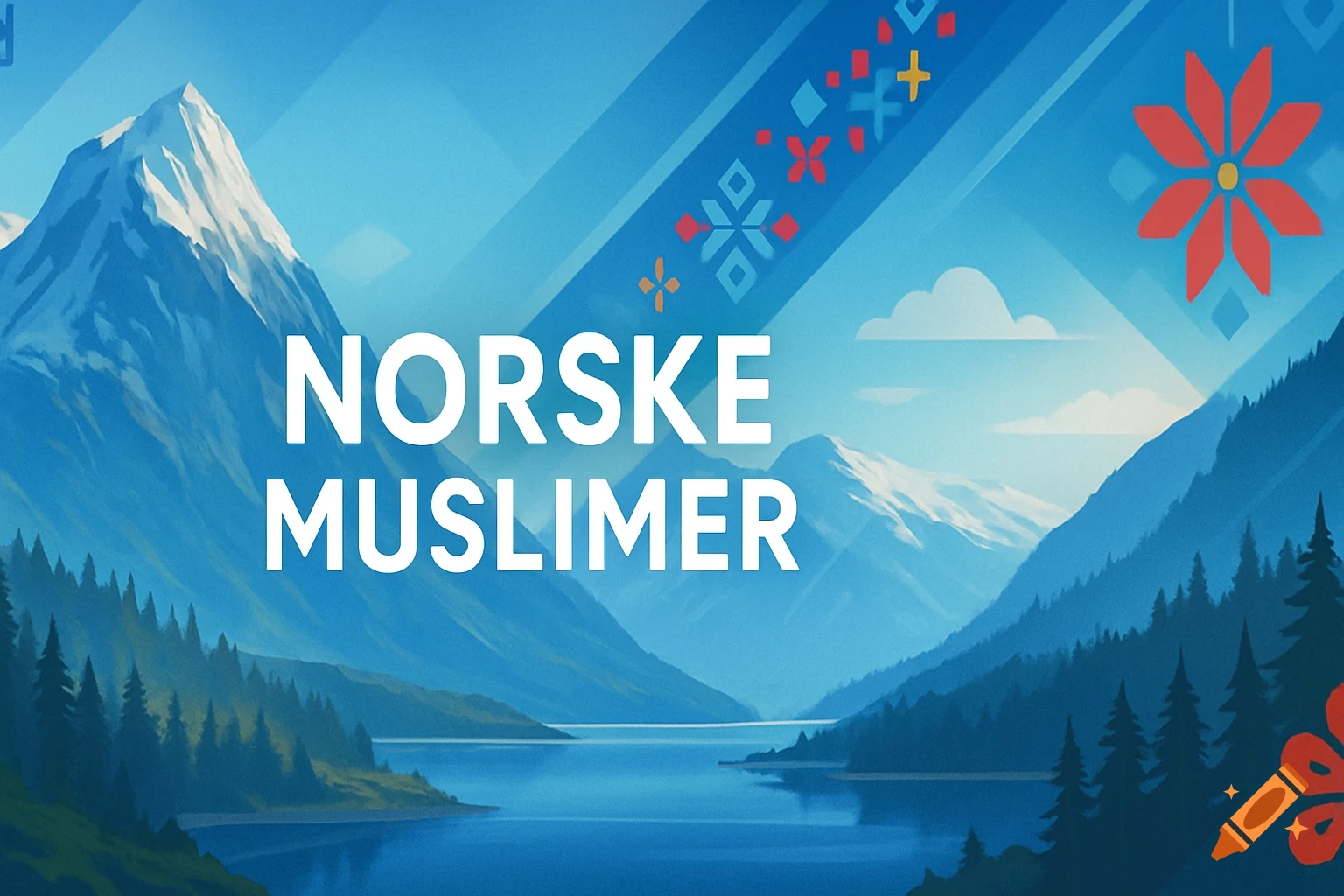 An illustration of a serene Norwegian landscape with snow-capped mountains, a lake, and pine forests, featuring traditional patterns and the text 'NORSKE MUSLIMER'.