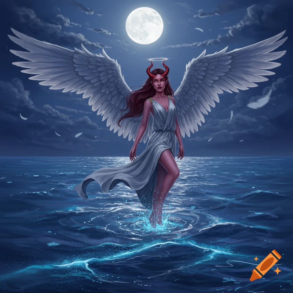 An angelic demon with large white wings, red skin, and horns, wearing a flowing white dress, stands in the glowing ocean at night under a full moon.