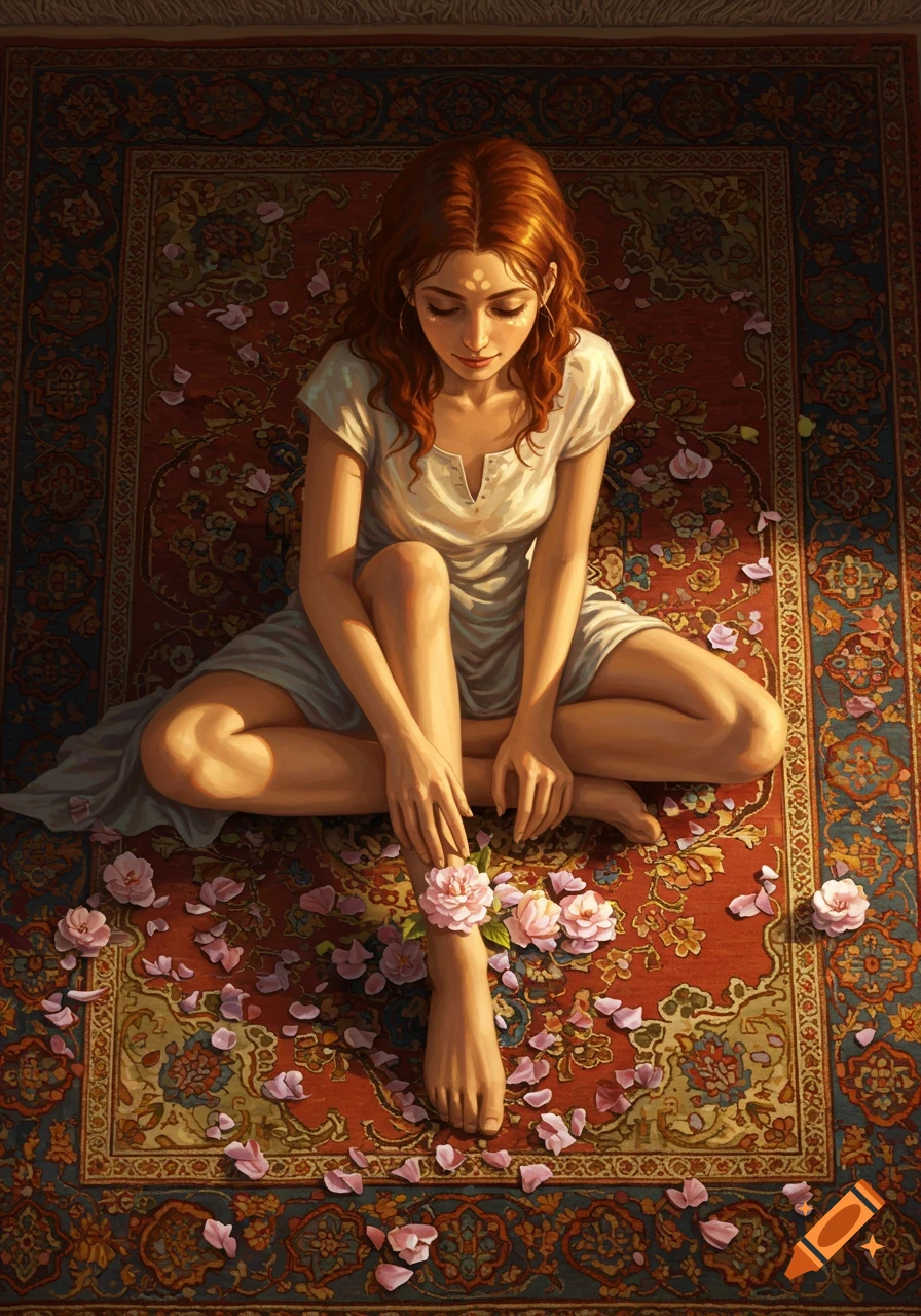 A red-haired woman sits on a richly patterned Persian carpet, gently touching pink flowers blooming around her feet, in a digital painting.