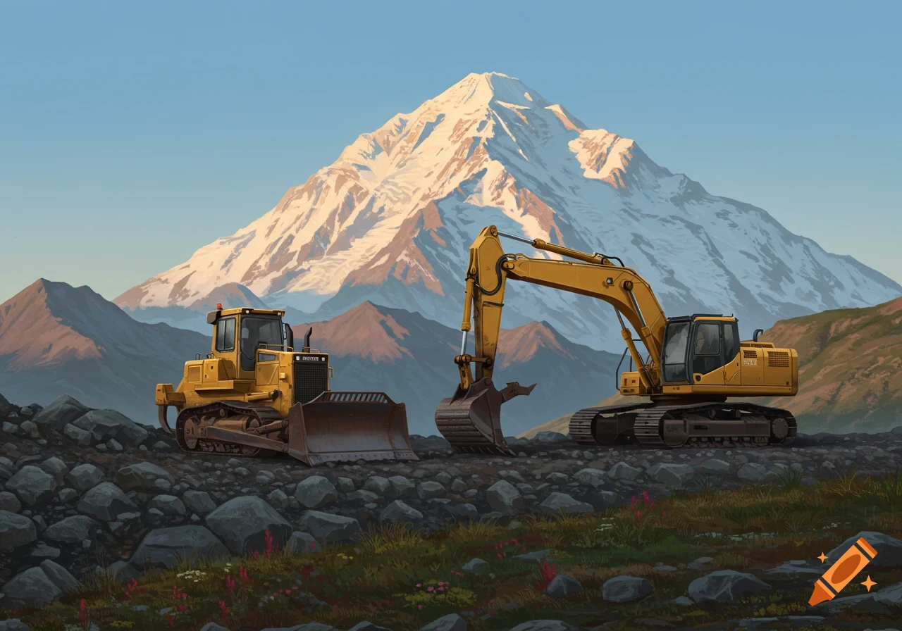 A yellow bulldozer and excavator on a rocky plain in the foreground, with a large snow-capped mountain in the background.
