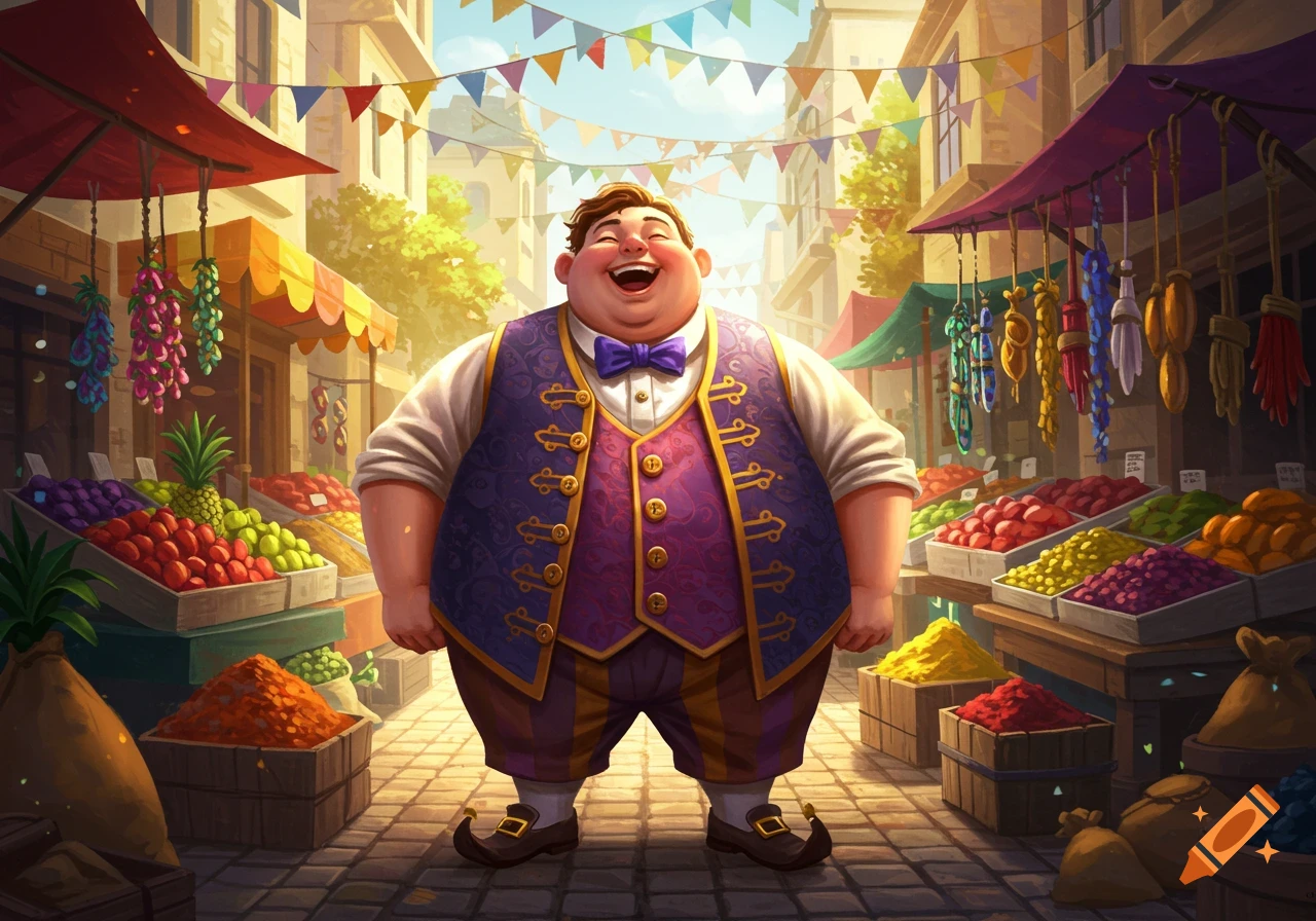 A cheerful, plump man in a purple waistcoat laughs in a vibrant fantasy market with stalls of fruit and spices under colorful banners.