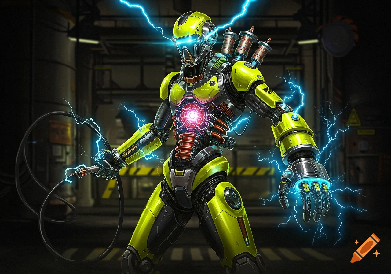 A neon yellow and black chrome robot with a glowing blue visor, pulsing energy core, and electrical arcs stands in a dark setting.