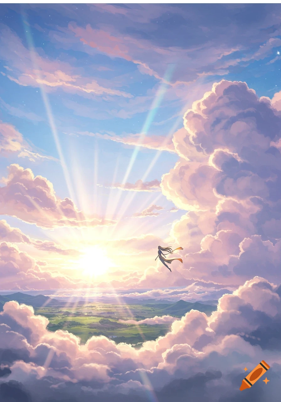 An anime-style person with flowing hair and garments flies through a vibrant sky filled with soft pink and purple clouds, with sunrays over a green landscape.