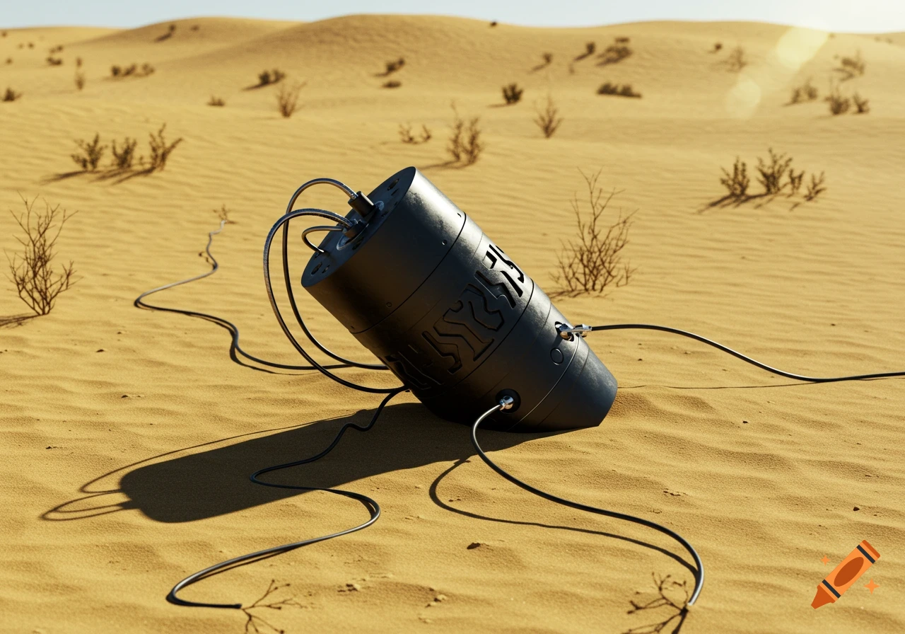 A black, cylindrical device resembling a bomb, with multiple wires and connectors, sits tilted in a vast, sandy desert landscape.