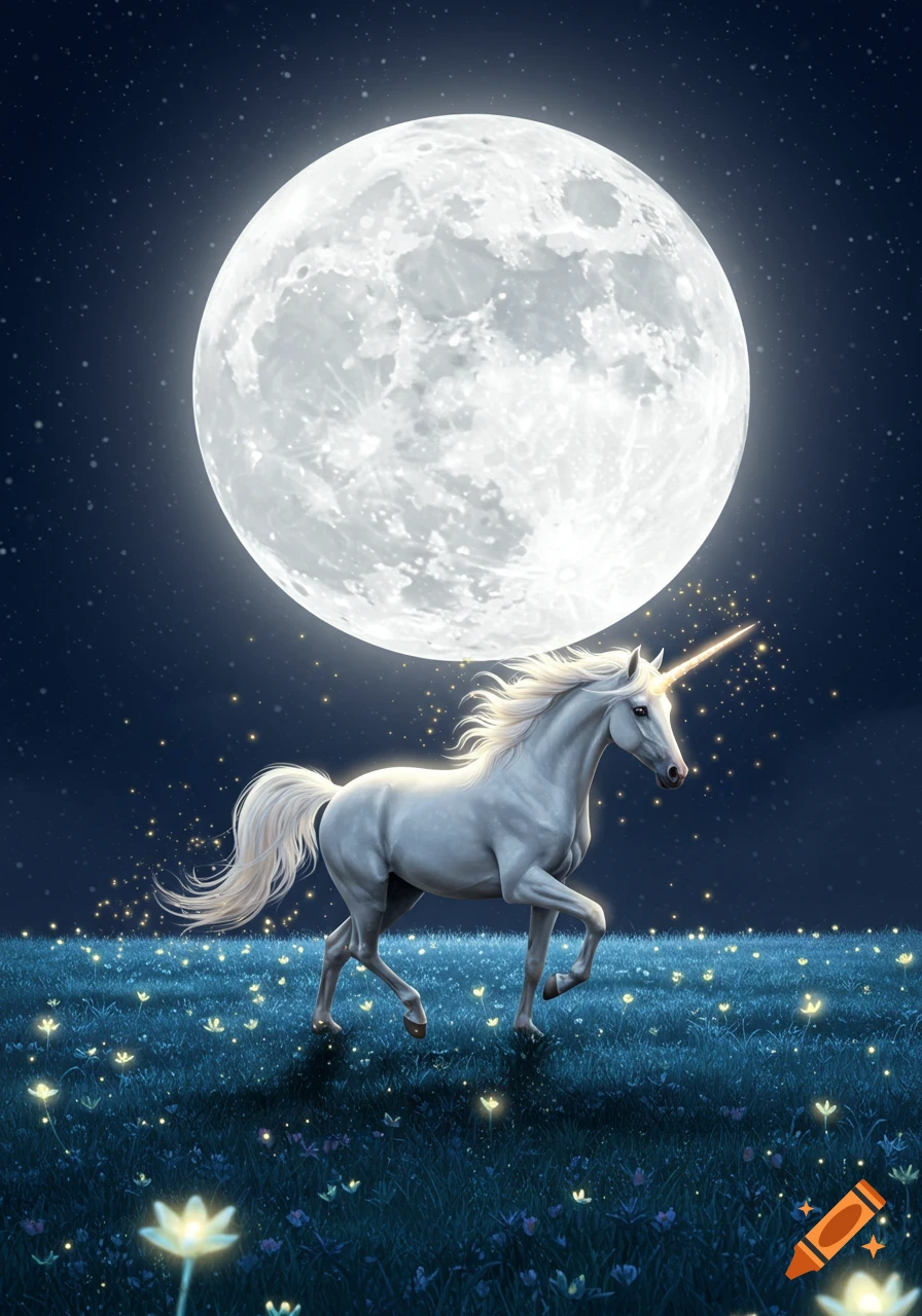 A white unicorn with a glowing horn walks through a field of glowing flowers under a gigantic full moon in a magical night scene.