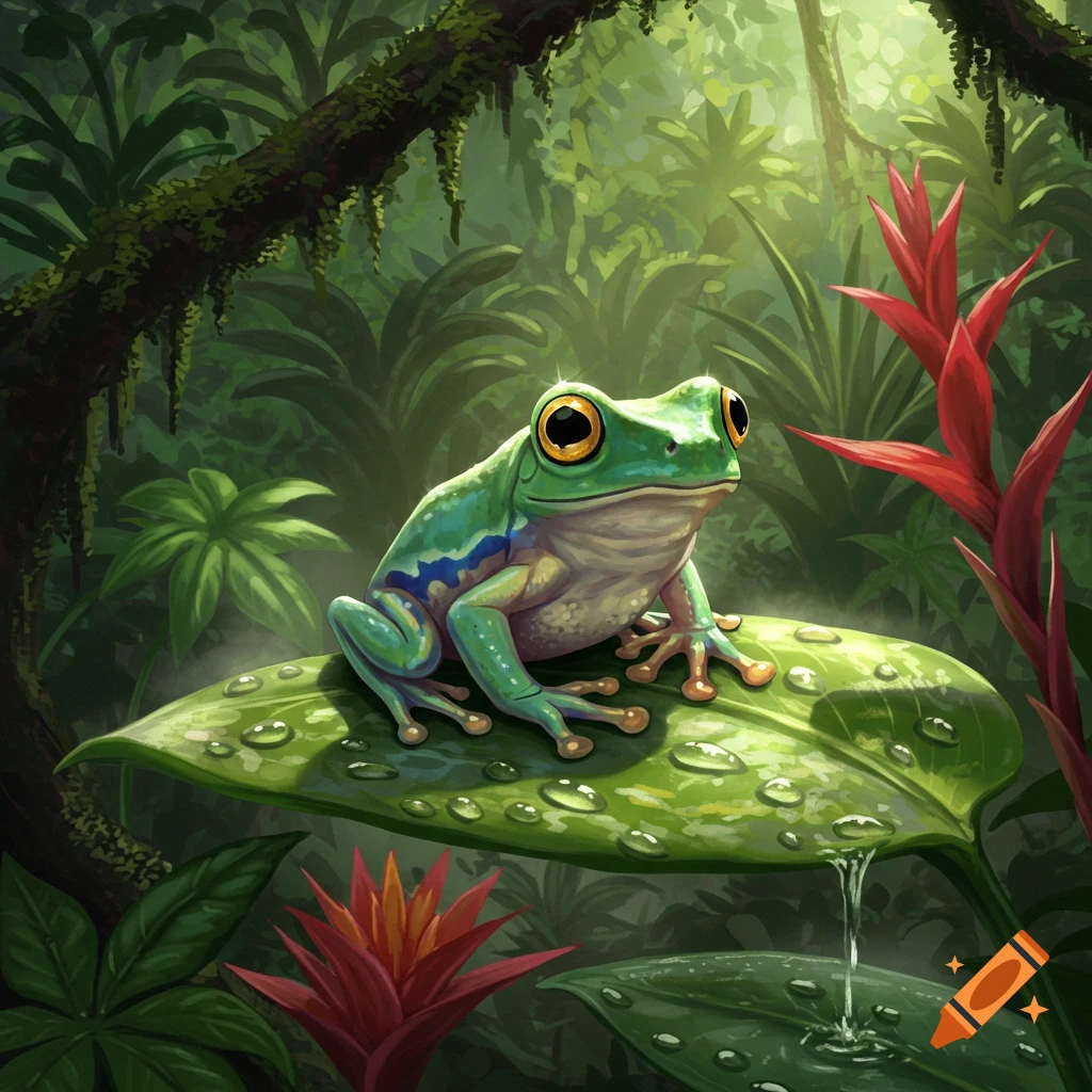 A vibrant green frog with large yellow eyes sits on a dewy leaf in a lush, sunlit tropical jungle.