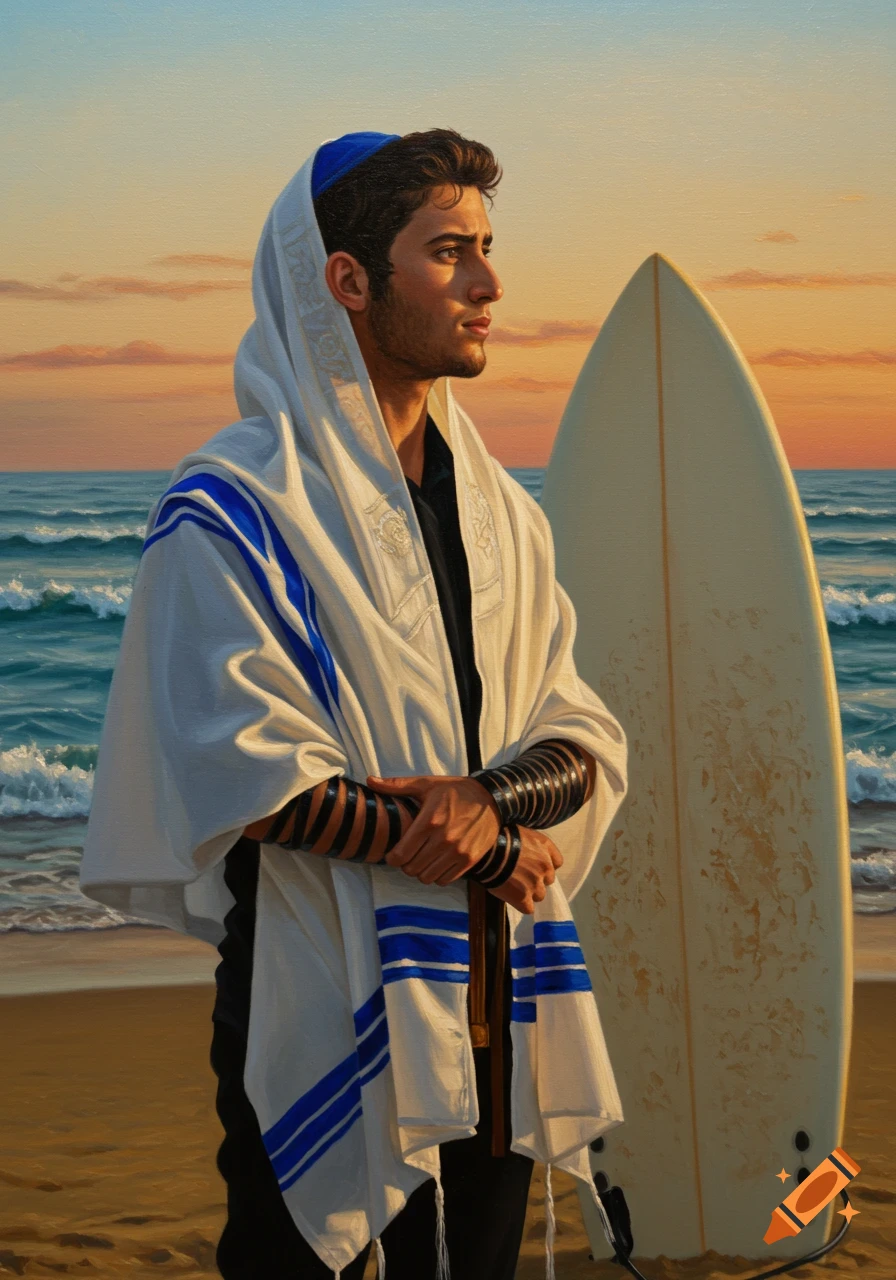 A young man in a tallit and tefillin stands on a beach next to a surfboard at sunset, looking contemplative.