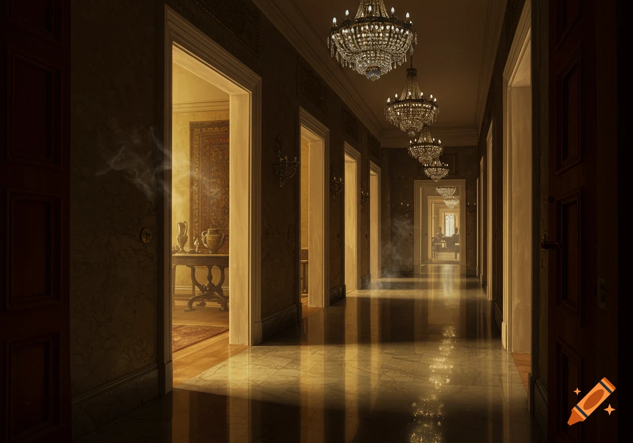 A long, luxurious hallway with multiple open doors, ornate chandeliers, and a polished, reflective marble floor.
