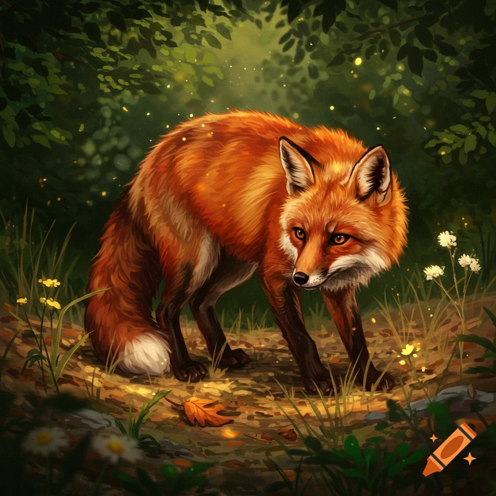 A vibrant orange fox with white markings stares forward in a lush, green forest with dappled sunlight, surrounded by glowing particles.