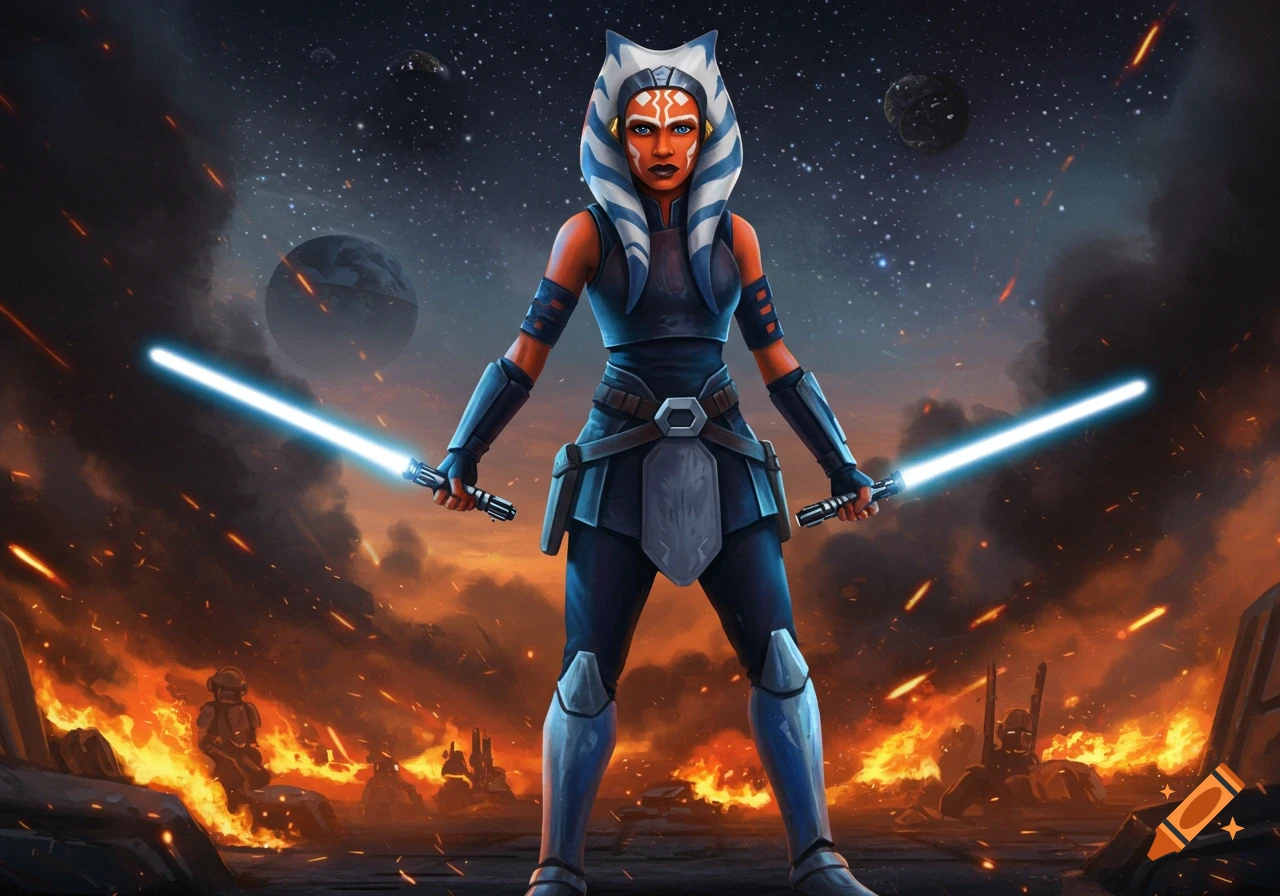 A determined Ahsoka Tano stands amidst a fiery, war-torn landscape under a starry sky, holding two glowing blue lightsabers.