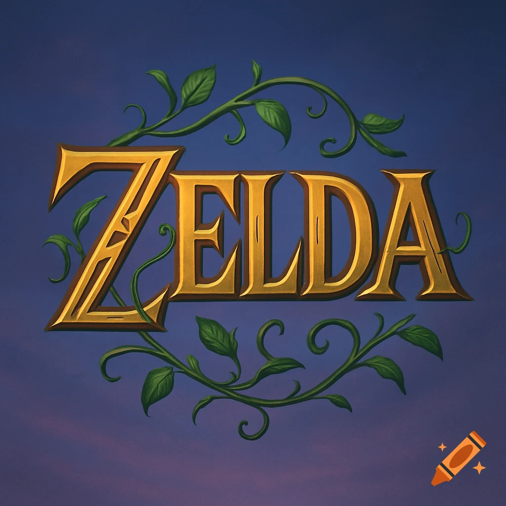 Golden ornate 'ZELDA' logo framed by green vines and leaves on a twilight blue background.