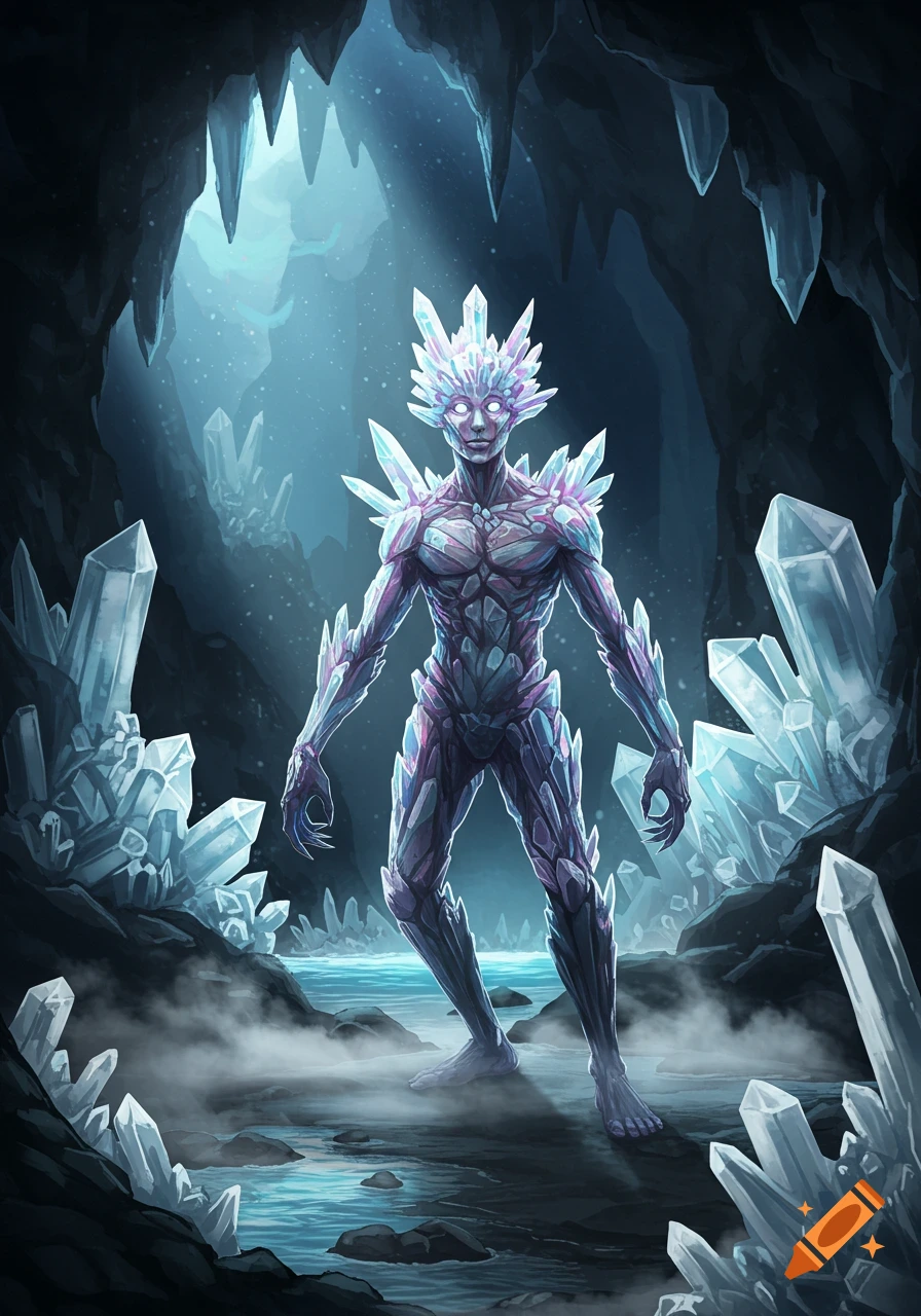 A human-crystalline monstrous hybrid stands in a dark cave illuminated by glowing blue light and large crystals.