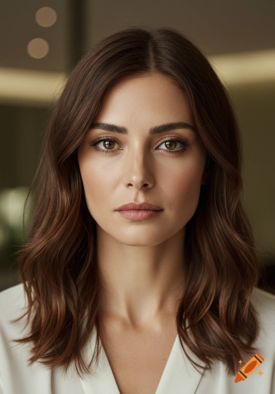 Close-up photorealistic portrait of a woman with long wavy brown hair and brown eyes, looking directly ahead.