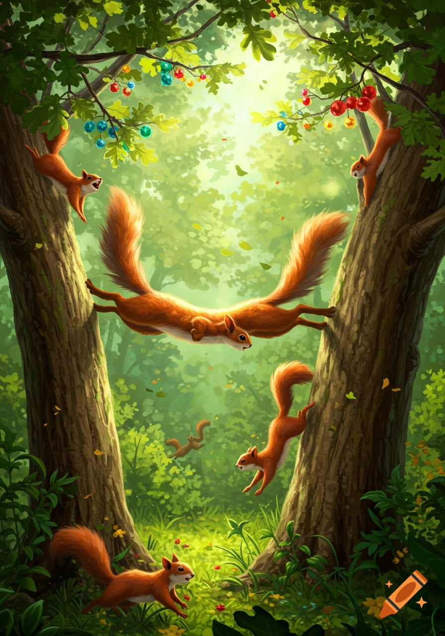 Multiple brown squirrels playing and jumping between two lush trees adorned with colorful berries in a vibrant, illustrative forest.