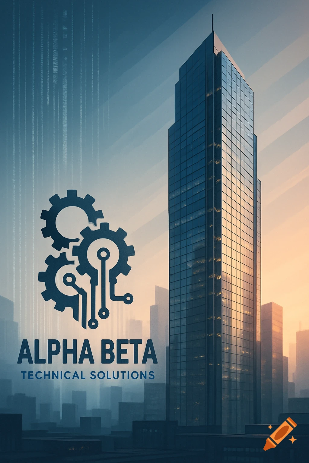 A modern blue skyscraper with a tech logo featuring gears and circuit lines and the text "ALPHA BETA TECHNICAL SOLUTIONS" against a sunset sky.