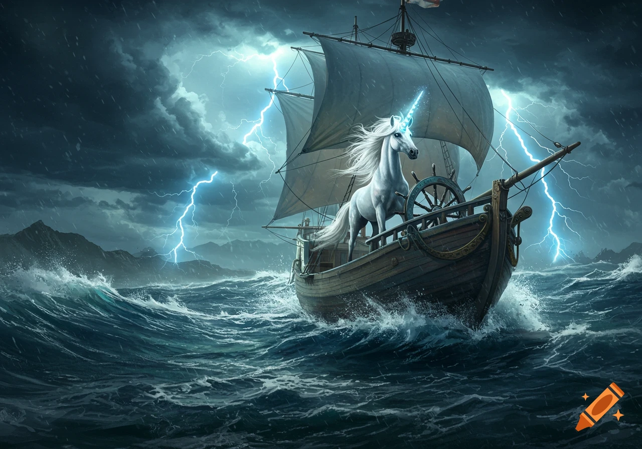 A majestic white unicorn with a glowing blue horn steers an old sailboat through a stormy, lightning-filled sea with large waves.