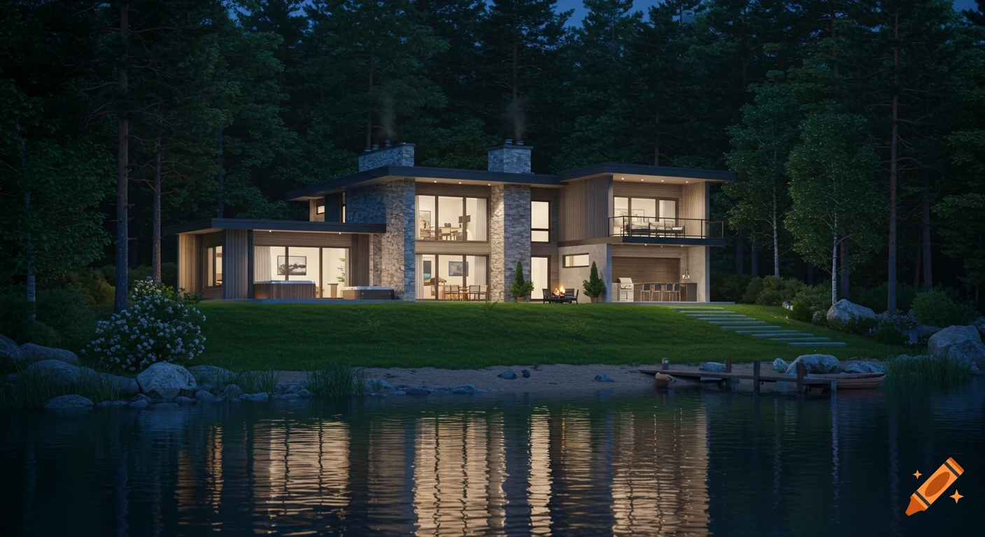 Photorealistic image of a modern house with stone and wood accents, lit up at night by a lake in an evergreen forest.