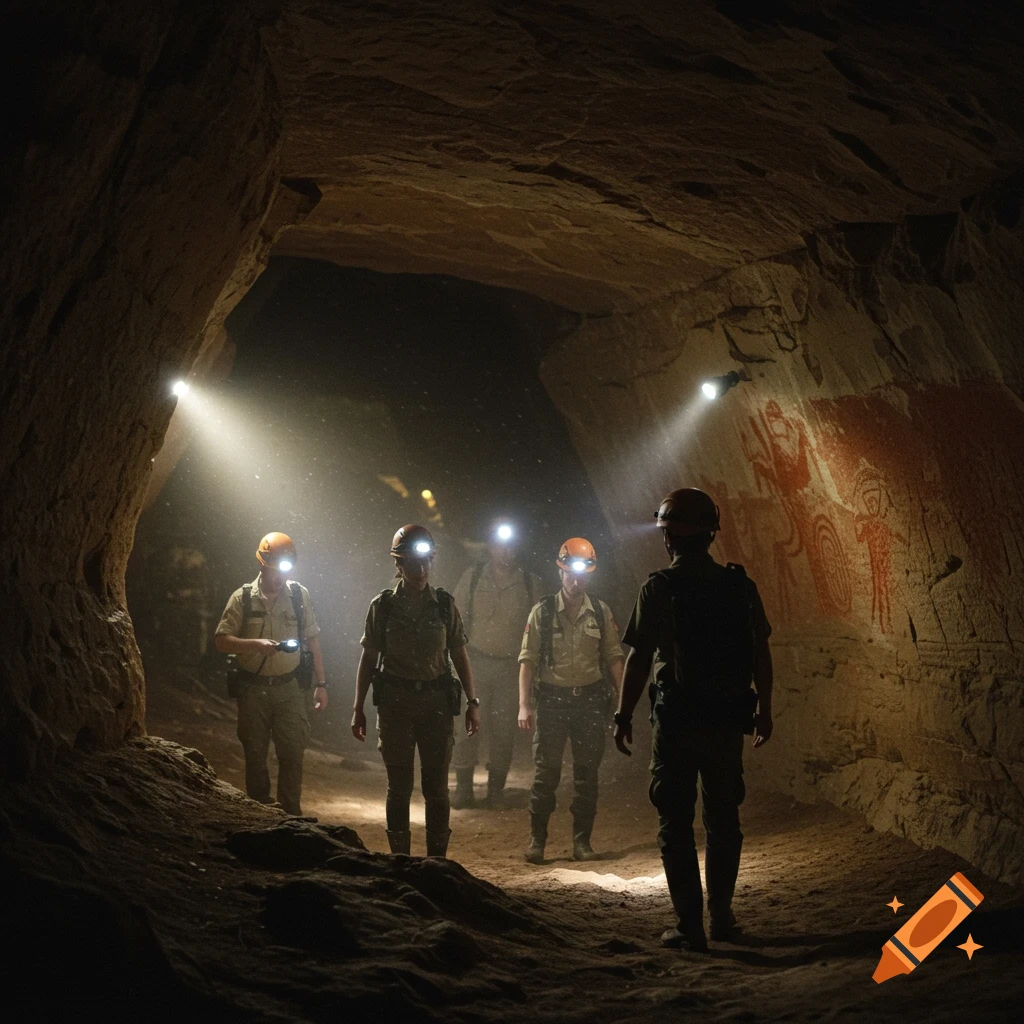 Archaeologists with headlamps explore a dark cave, illuminating ancient red cave paintings and dust floating in the air.