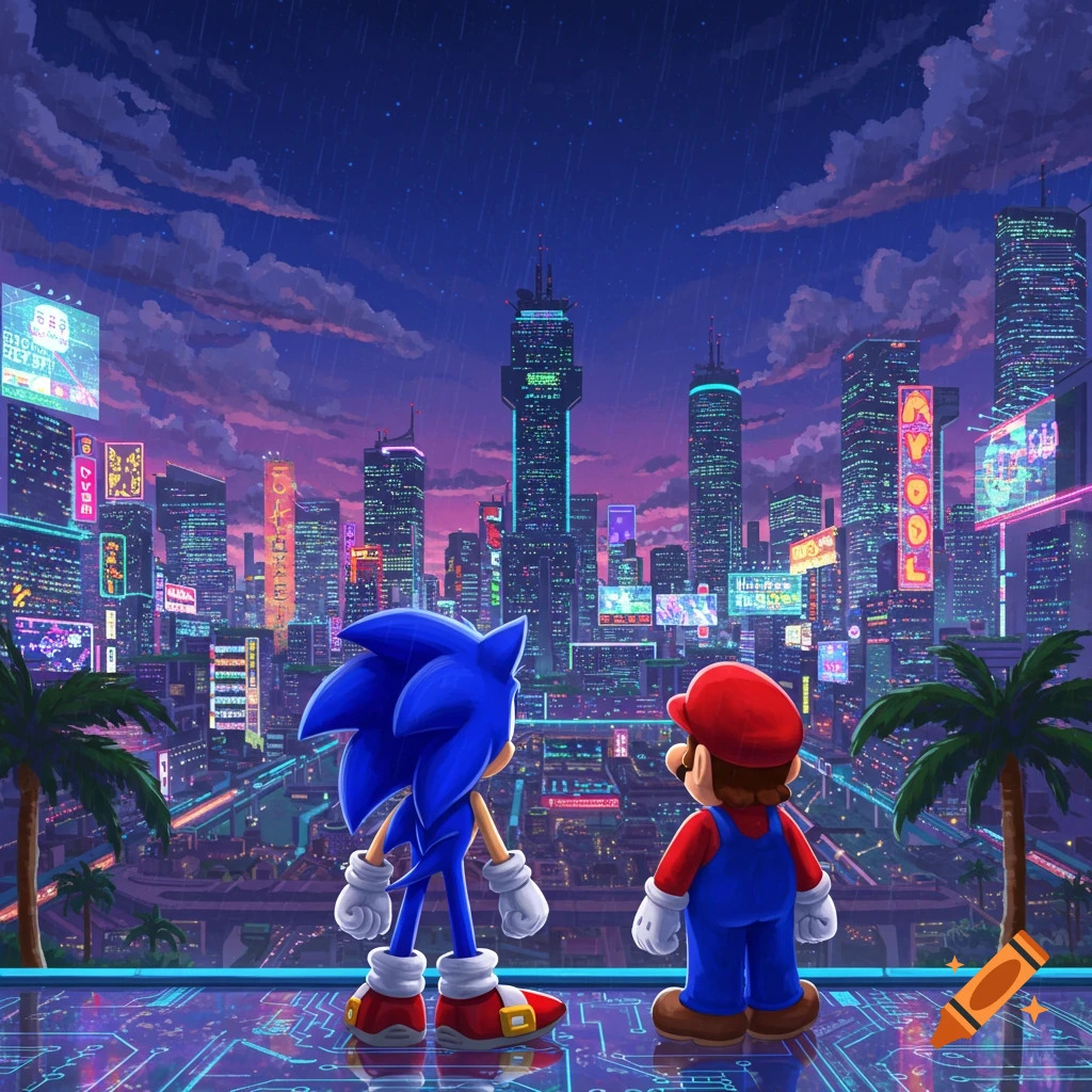 Sonic the Hedgehog and Mario stand on a high platform with circuit patterns, looking out at a vibrant, rain-soaked cyberpunk city skyline at night.