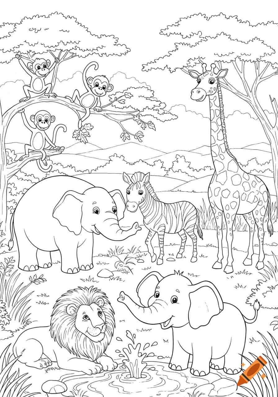 A black and white line art coloring page of various zoo animals including monkeys, elephants, a zebra, a giraffe, and a lion in a savanna scene.
