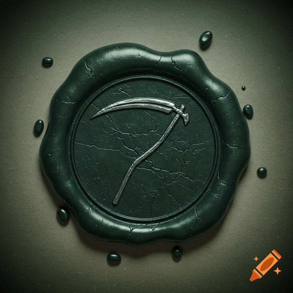A dark green wax seal with a silver scythe pressed into its center, on a textured background.