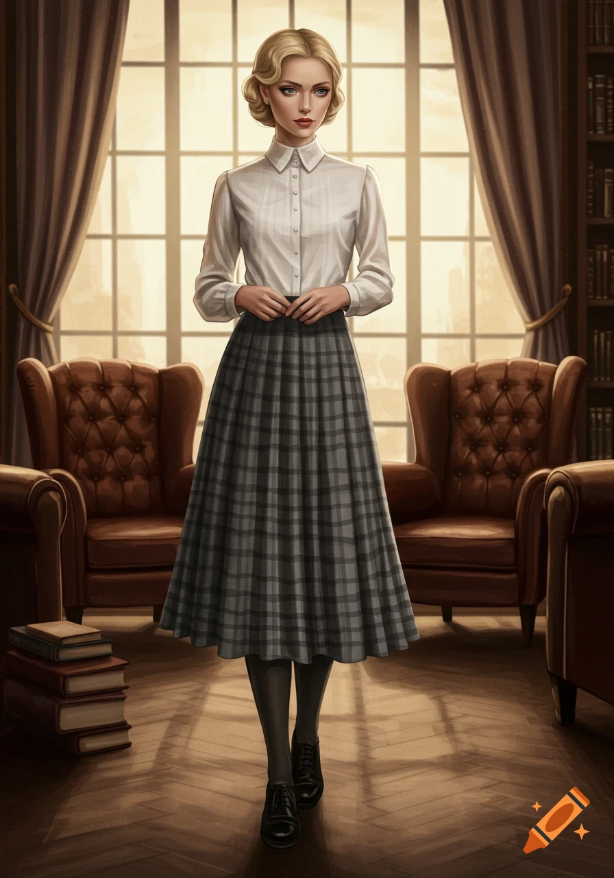 A woman with blonde hair in a white blouse and long grey plaid skirt stands in a study with armchairs and bookshelves.