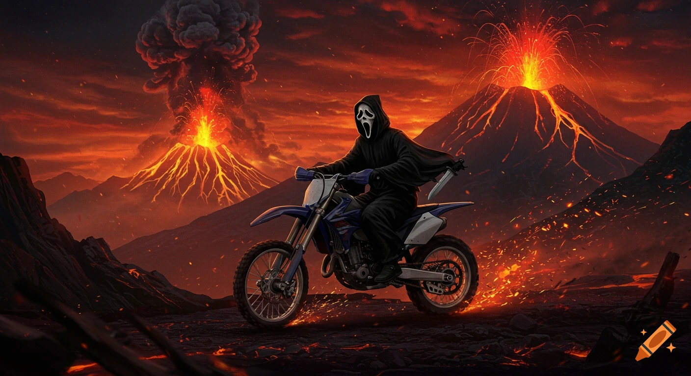 Ghostface on a dirt bike in a hellish landscape with erupting volcanoes, digital art.