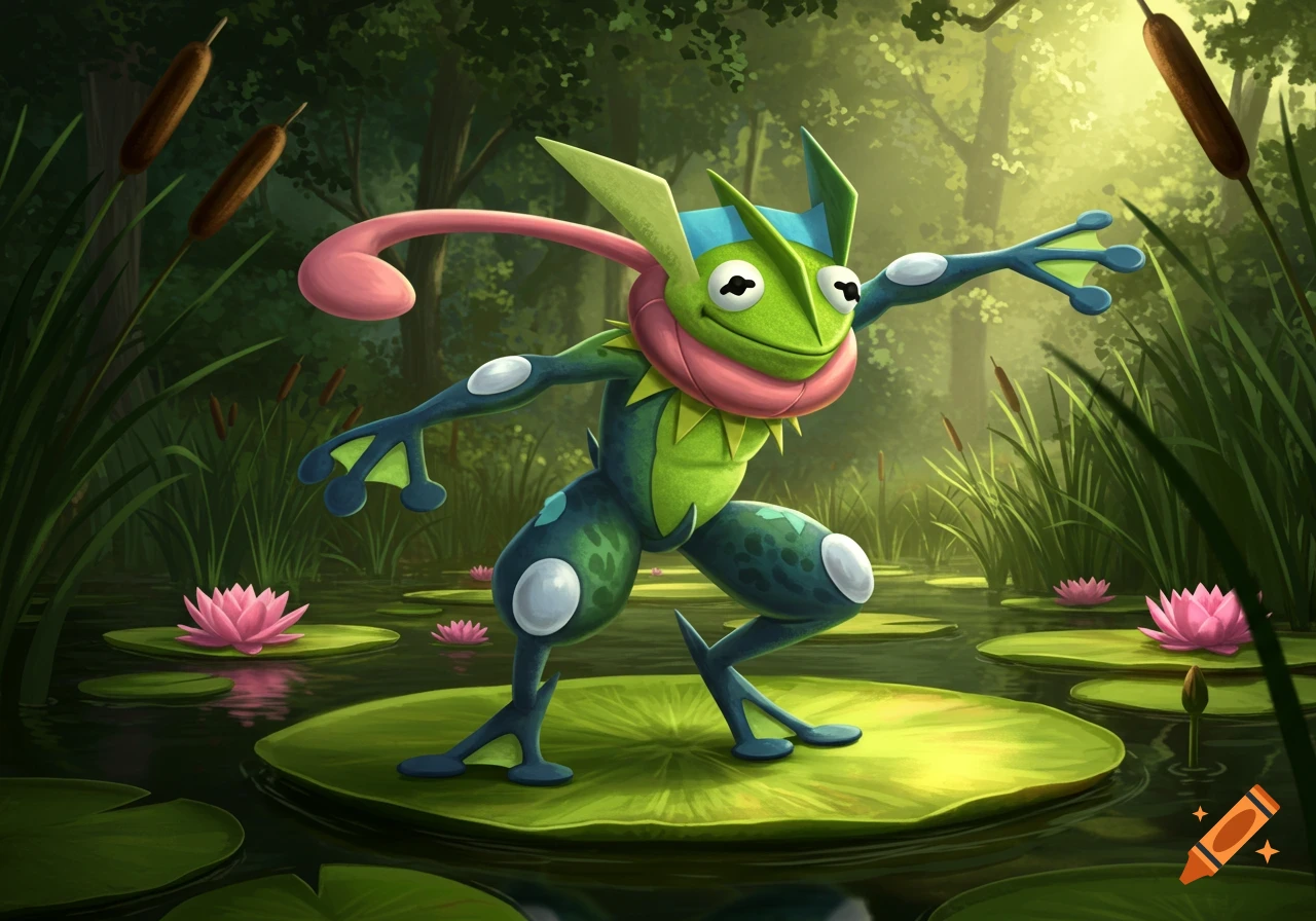 A green frog-like creature, a fusion of Greninja and Kermit, stands on a lily pad in a swamp with pink water lilies.