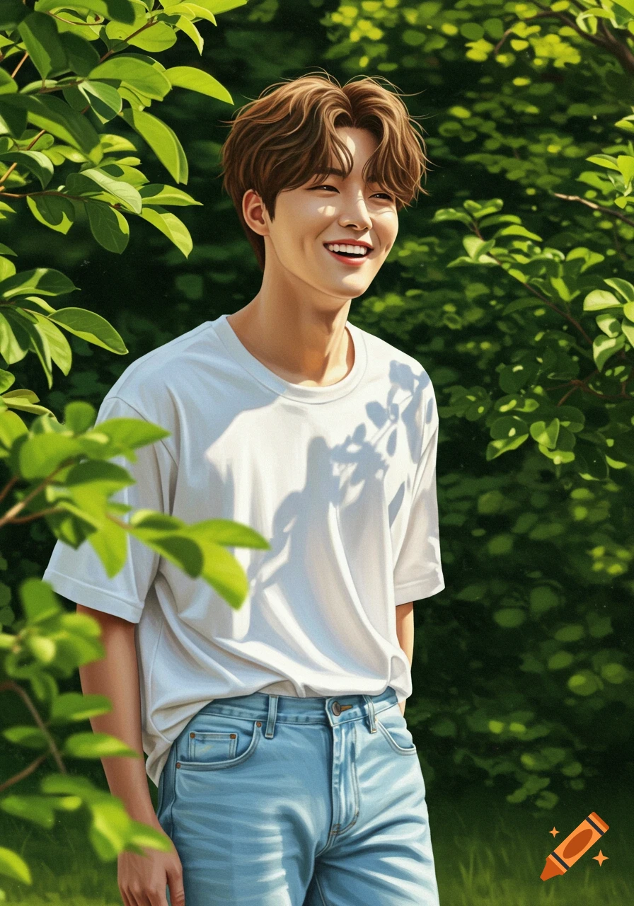 A happy Korean man with brown hair smiles, wearing a white shirt and jeans, standing among green leaves in sunlight.