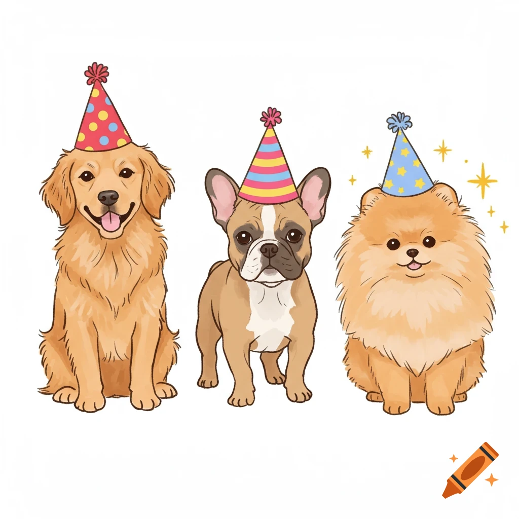 Three cute cartoon dogs, a Golden Retriever, French Bulldog, and Pomeranian, wearing colorful party hats on a white background.