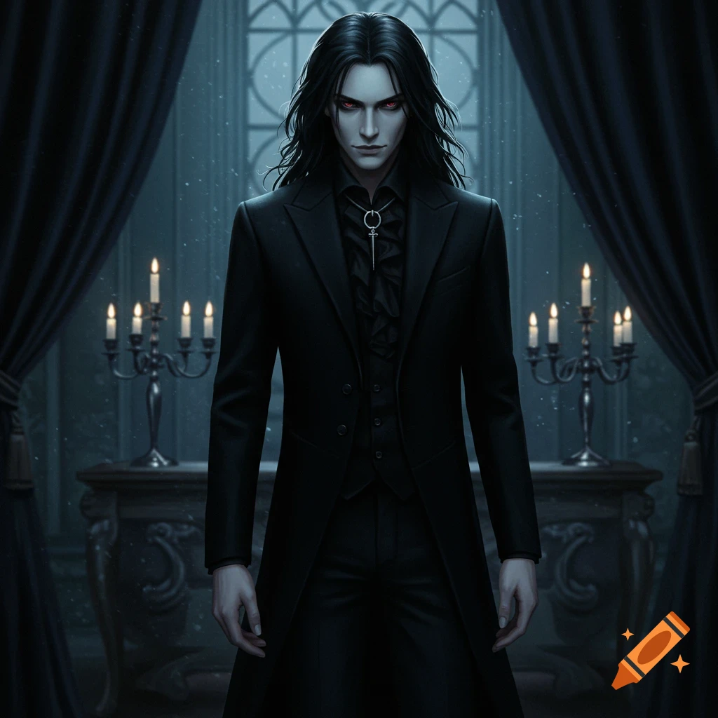A pale man with long black hair and red eyes, dressed in a black suit, stands in a dark gothic room with lit candles.