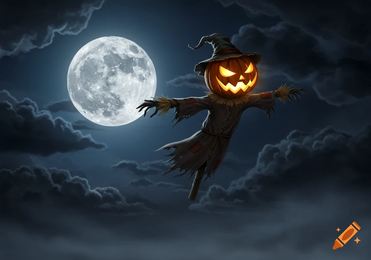 A glowing pumpkin scarecrow in a tattered robe floats under a cloudy full moon on Halloween night.