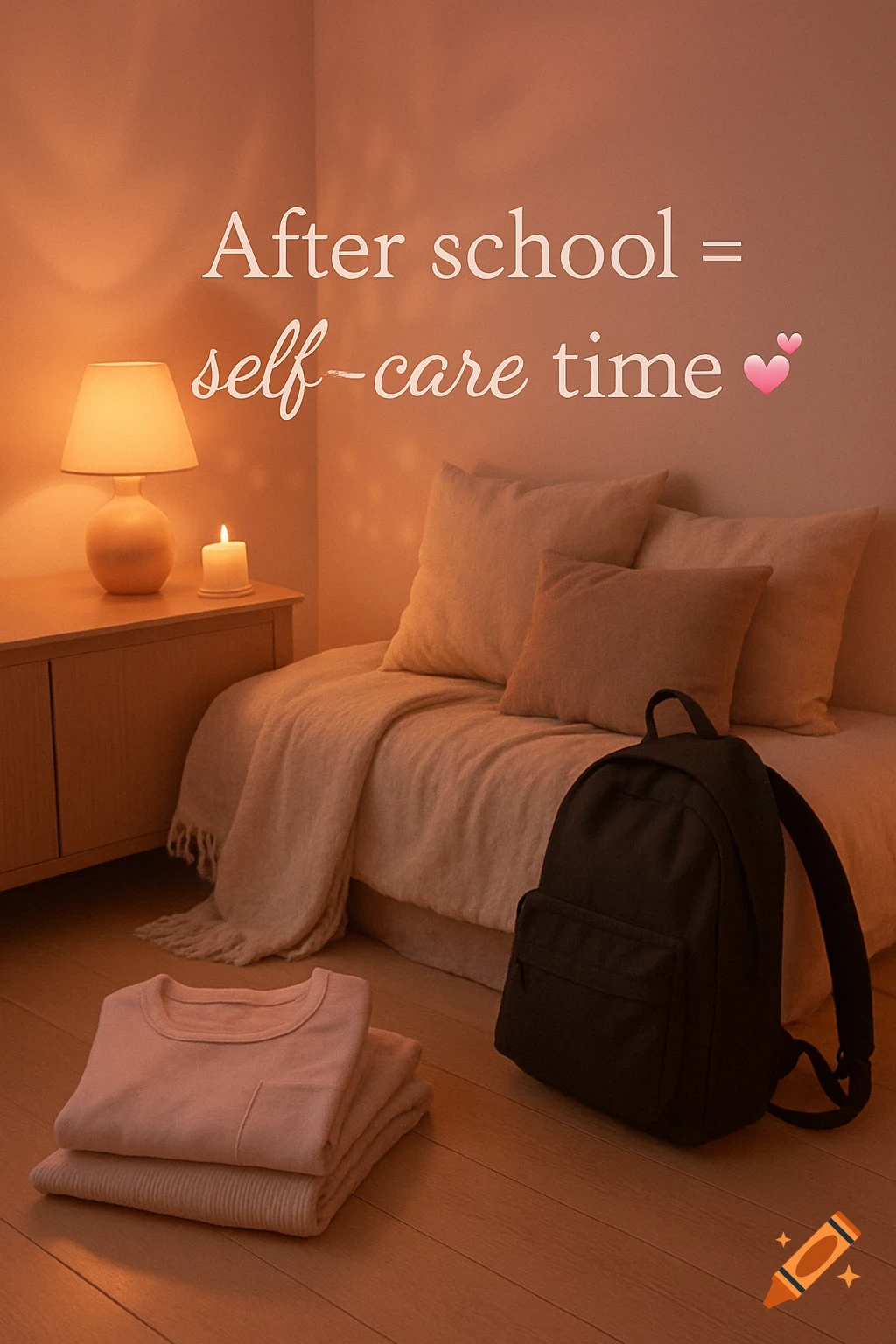 A cozy bedroom scene with a bed, nightstand with a lamp and candle, a backpack, and folded clothes on the floor. Text reads: "After school = self-care time 💕"