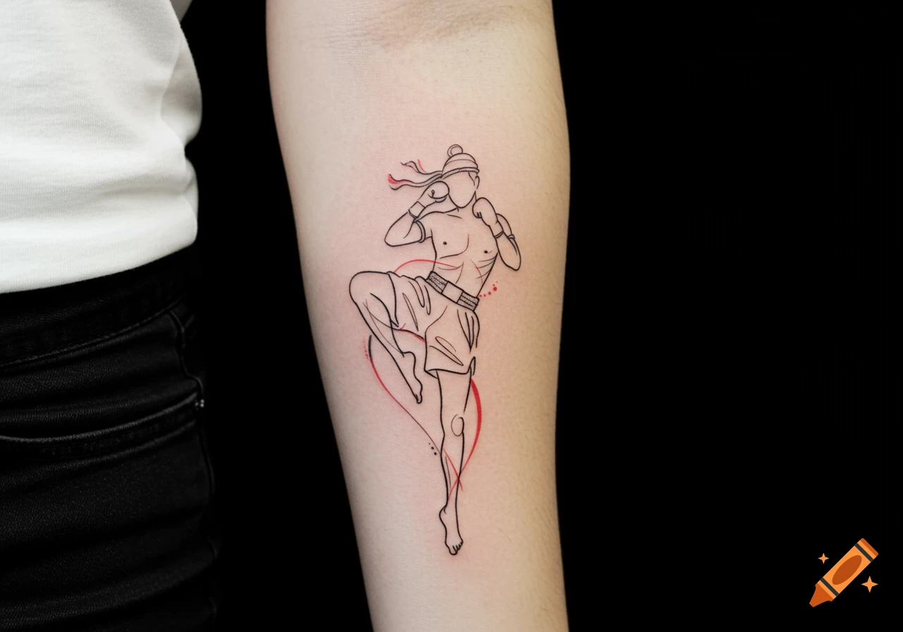 Minimalist line art tattoo of a Muay Thai fighter with red accents on a forearm.