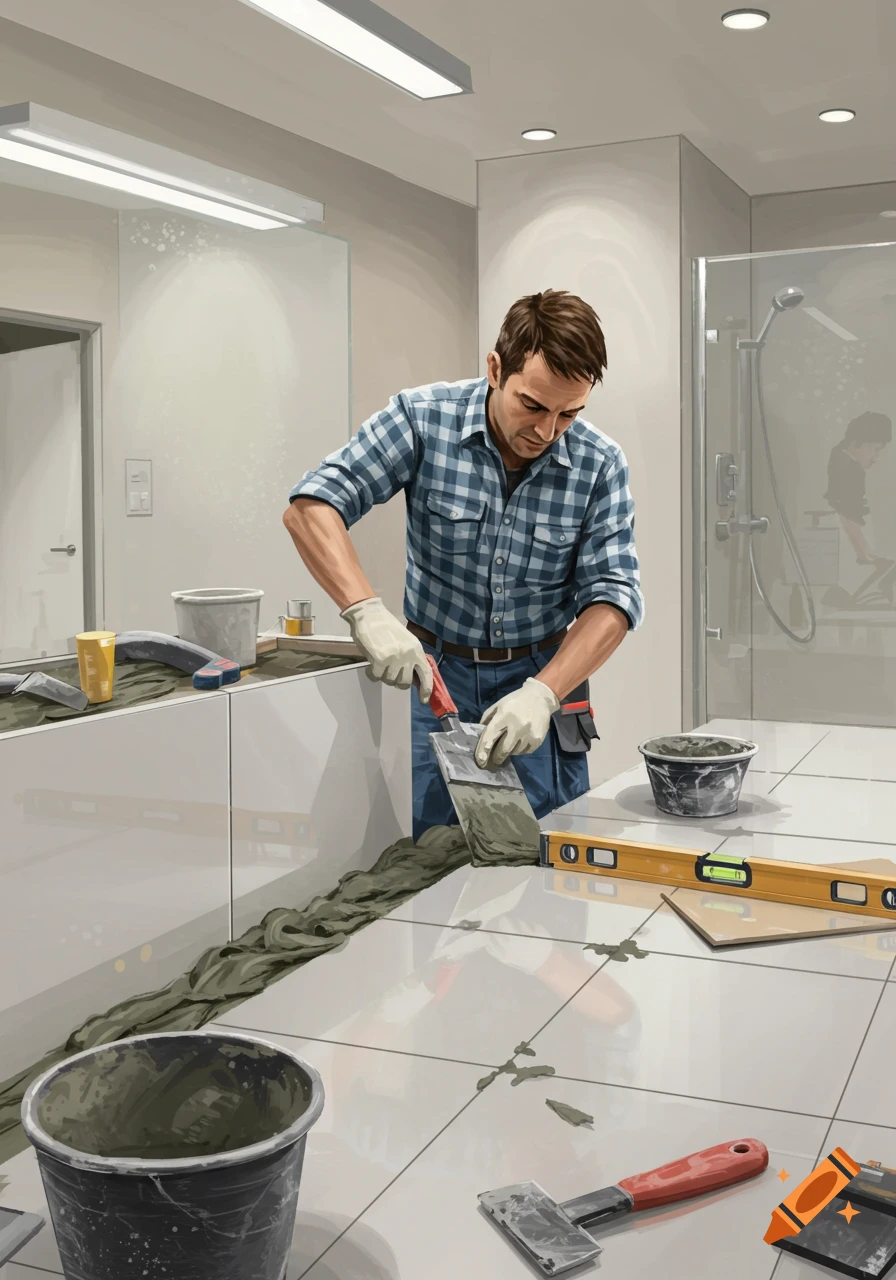 An illustrated man in a plaid shirt and gloves spreads mortar to lay white tiles in a modern bathroom.