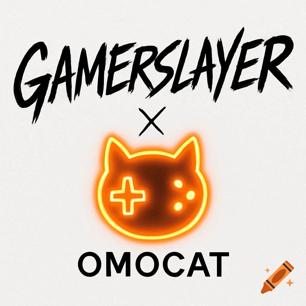 Black text 'GAMERSLAYER X' above a glowing orange cat head logo with a gamepad design, and 'OMOCAT' below, on a white background.