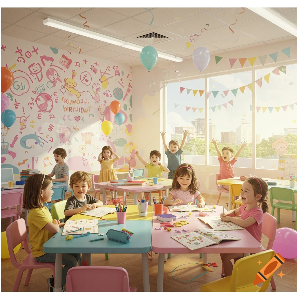 Kids in a brightly decorated classroom celebrate a birthday party, some doing math activities, in a photorealistic style.