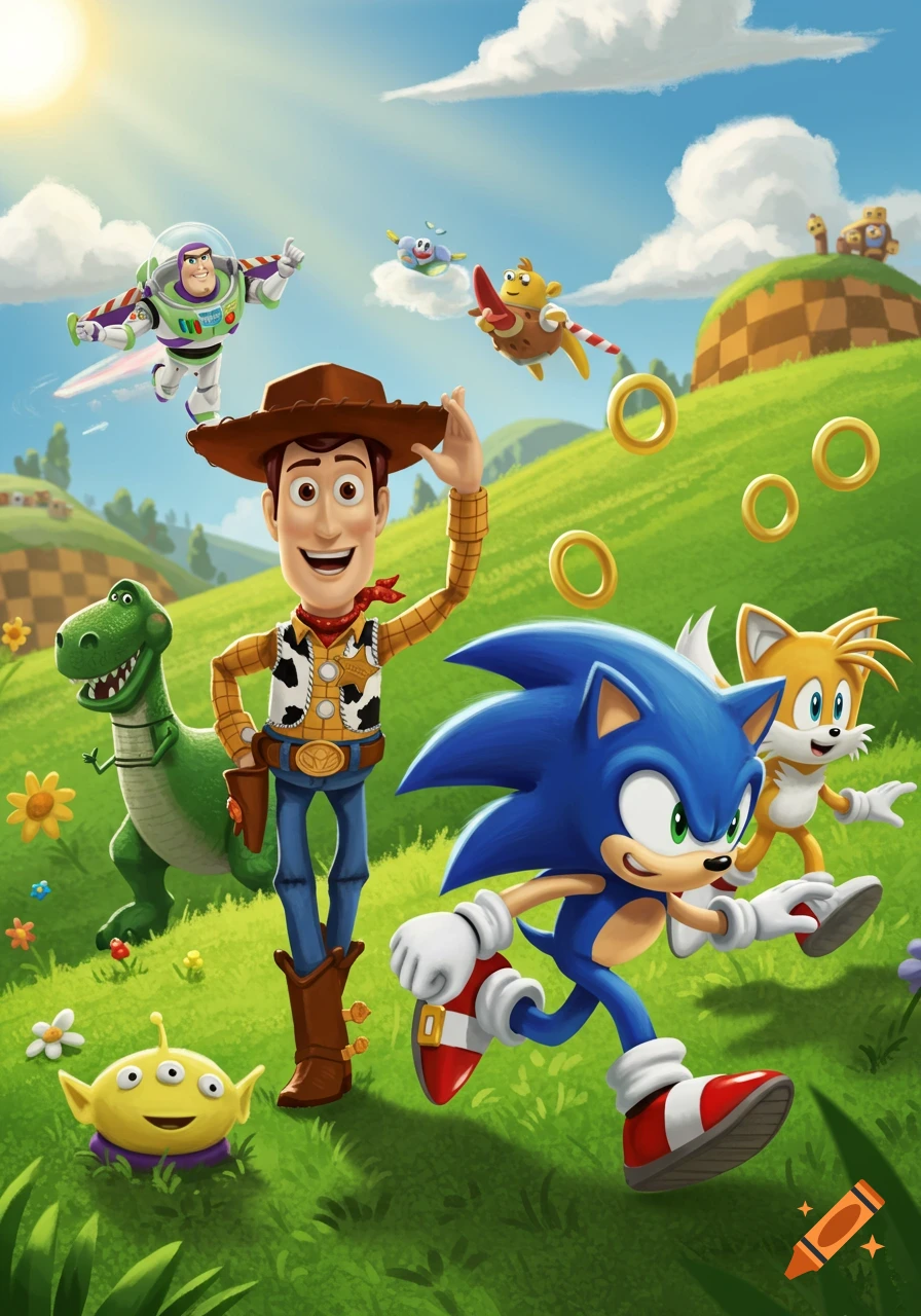 Woody, Buzz Lightyear, Rex, and a Toy Story alien pose with Sonic and Tails on a grassy hill with golden rings and a checkered hill.