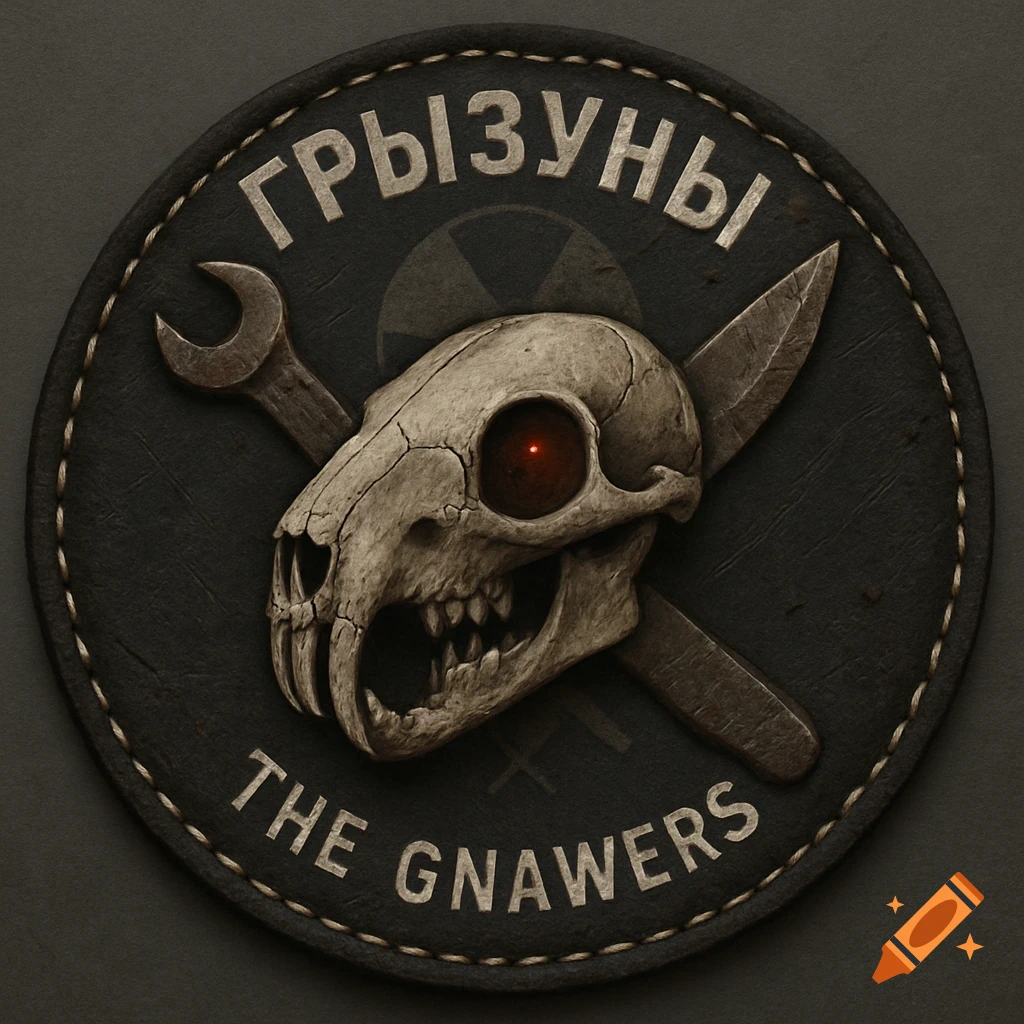 A circular black leather patch with a rat skull, crossed wrench and knife, faint radiation symbol, and text "ГРЫЗУНЫ" and "THE GNAWERS".