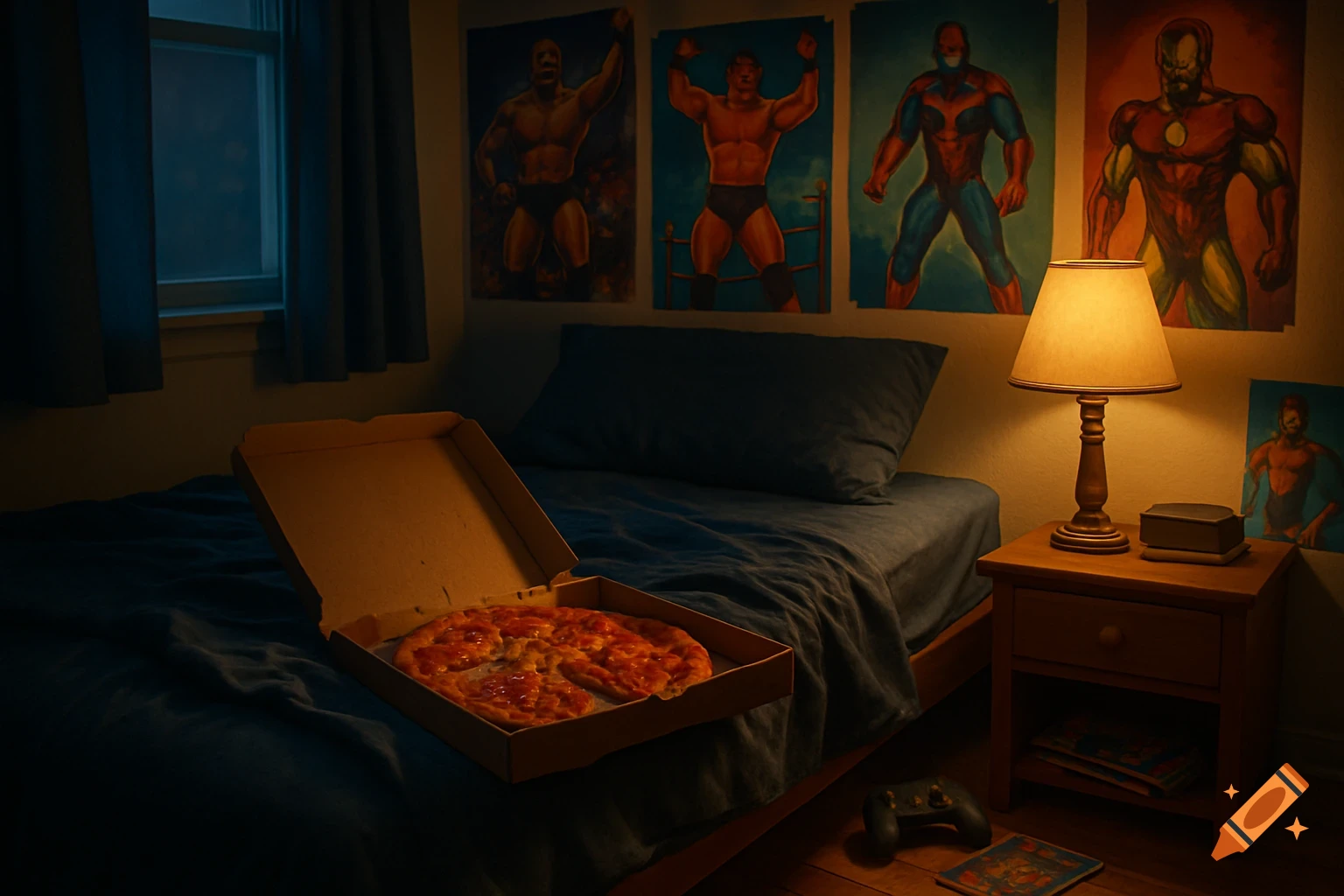 Dimly lit bedroom with an open pizza box on the bed, superhero and wrestler posters on the wall, and a game controller on the floor.