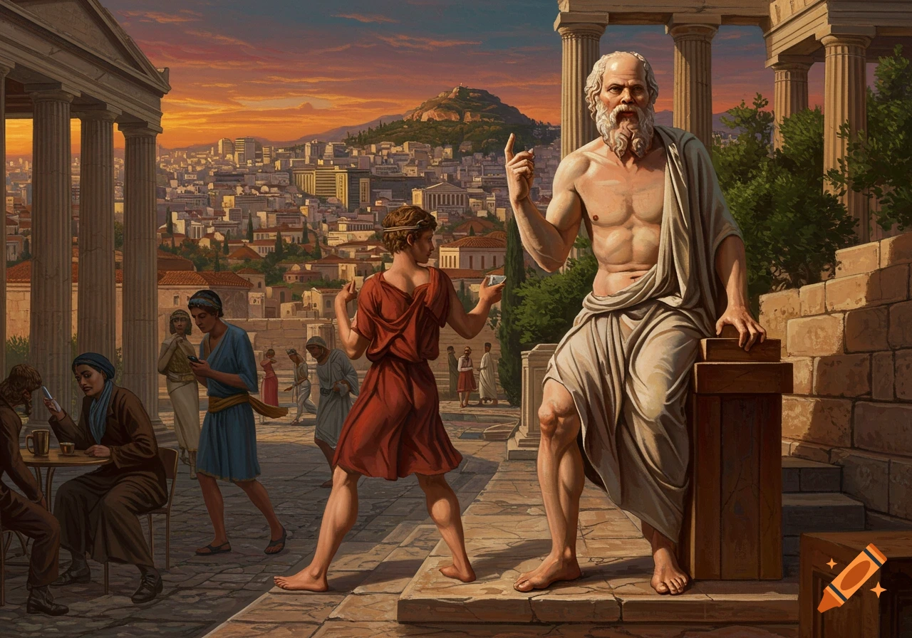 An old man resembling Socrates, in a toga, gestures on ancient steps overlooking a city with modern and classical buildings. People in ancient attire and some using smartphones are in the foreground, at sunset.