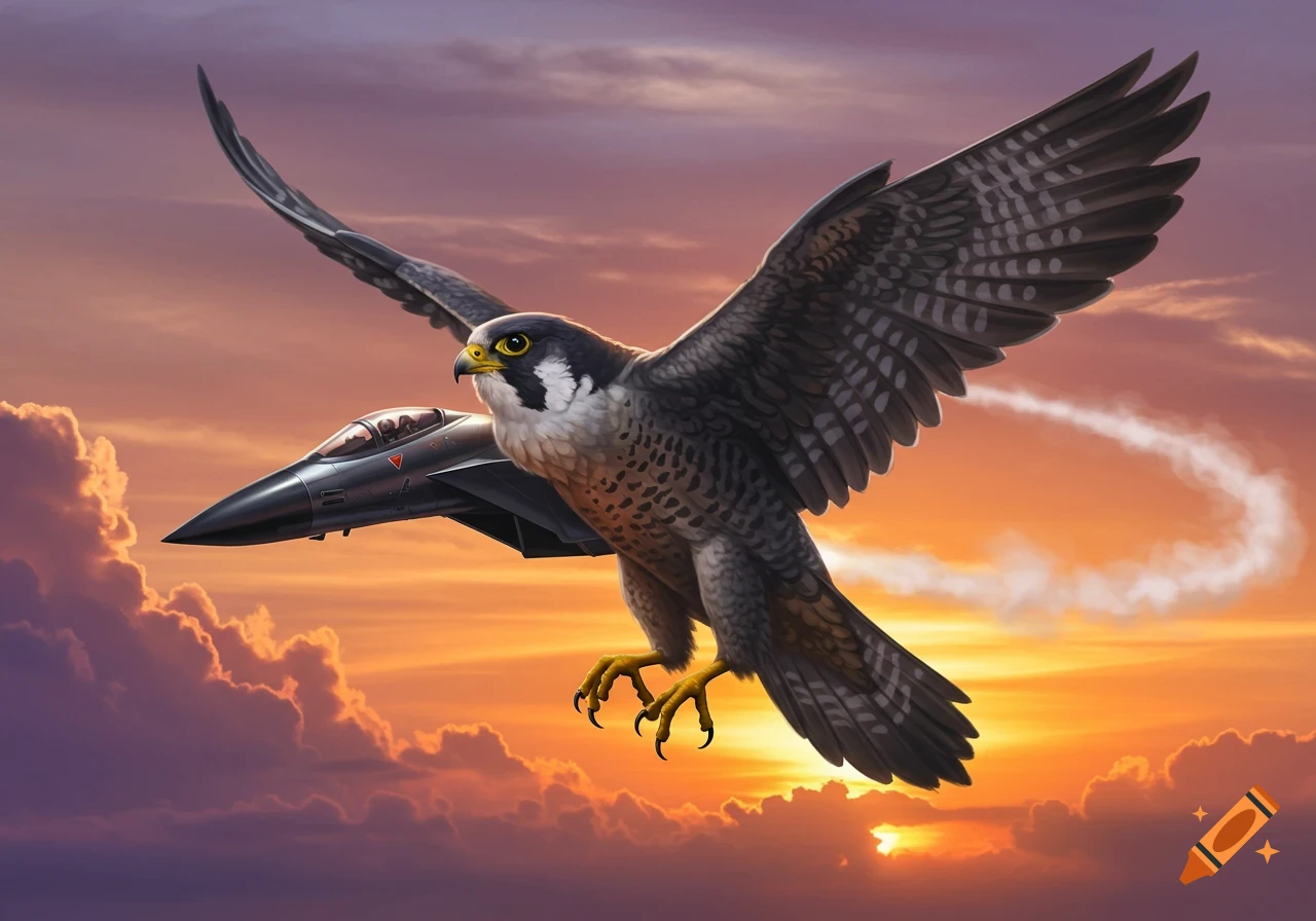 A peregrine falcon and a fighter jet soar together through a vibrant sunset sky.