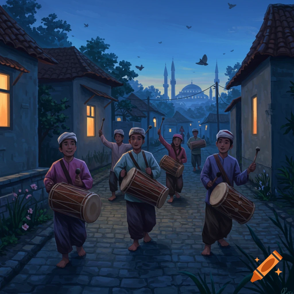 Illustrated scene of children playing drums in a village street at dusk with a mosque in the background.