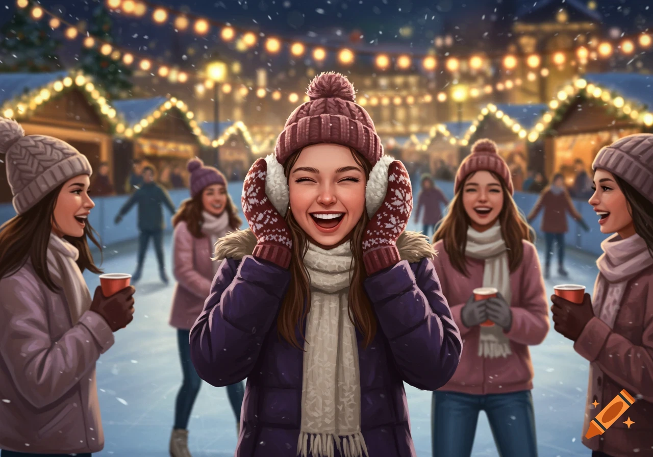 An illustration of a happy girl in a purple coat, hat, and earmuffs, smiling brightly at a snowy outdoor winter market with other people.